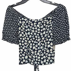 NWT Cottagecore Floral Romantic Black White Tie Front Crop Boho Size Large Boho